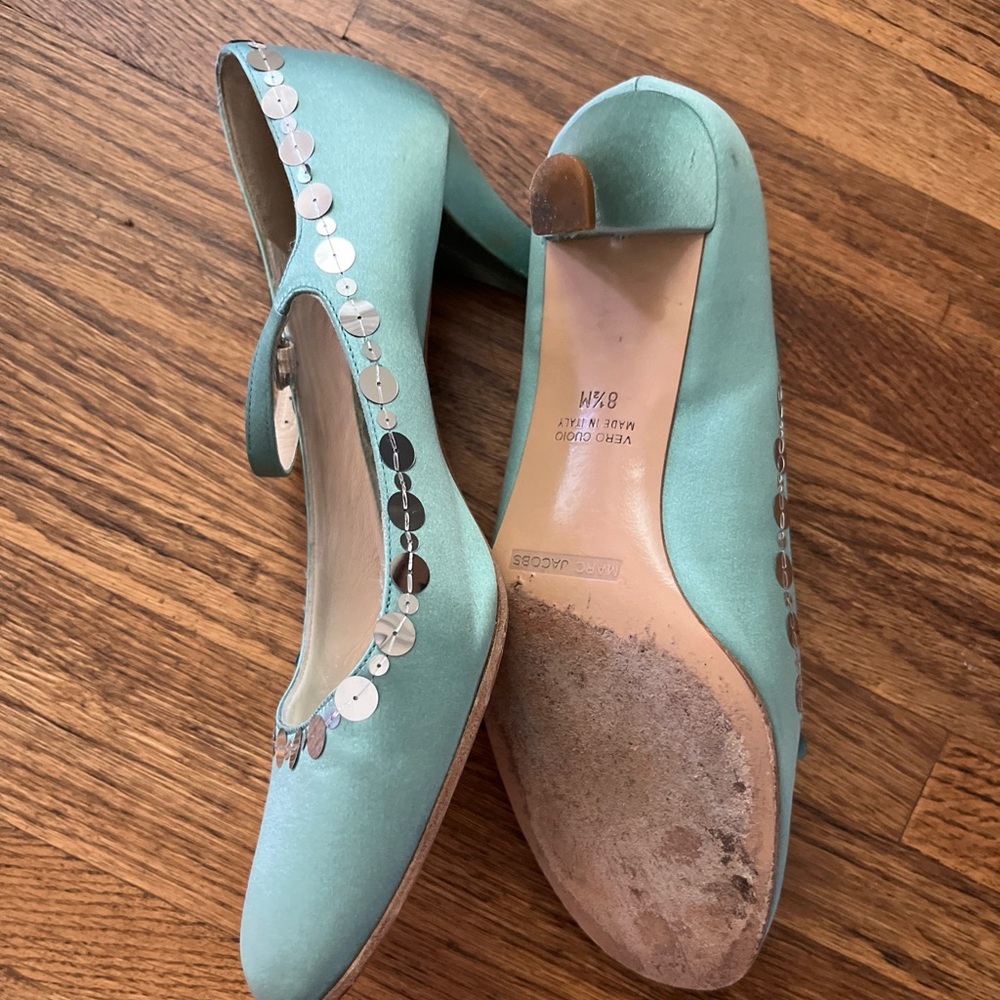 Marc Jacobs Satin Mint w/ Silver Sparkles Mary Jane Janes Pumps Heels - Picture 4 of 8